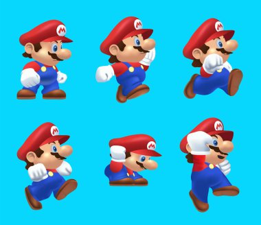 Mario hareketleri seti, Super Mario Bros U klasik video oyunu, vektör illüstrasyonu. Super Mario Bros U, Nintendo tarafından geliştirilen bir video oyunudur.