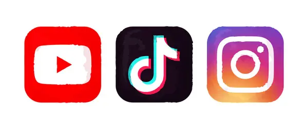 Kiev, Ukrayna - 28 Eylül 2022: Youtube, Tiktok ve Instagram mobil uygulamaları suluboya boya tasarımı, vektör çizimi