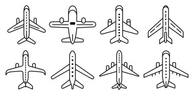 Şeffaf bir arkaplan, çizgi tasarım vektör illüstrasyonu, ulaşım konsepti üzerinde uçak şablonu simgeleri kümesi