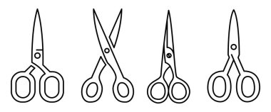 Saydam arkaplan üzerinde makas şablonu ve çizgi simgeleri, çizgi tasarım vektör çizimi, ofis malzemeleri kavramı