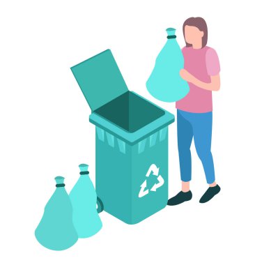 Çevre koruma kavramı: Şeffaf bir arkaplanda, enkazı temizlemek, 3d izometrik vektör çizimi