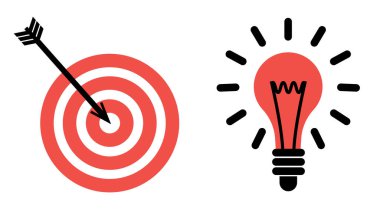 İş simgeleri kümesi: fikir kavramı olarak hedef işareti ve ampul lambası, şeffaf bir arkaplan, düz çizgi tasarımı, vektör illüstrasyonu