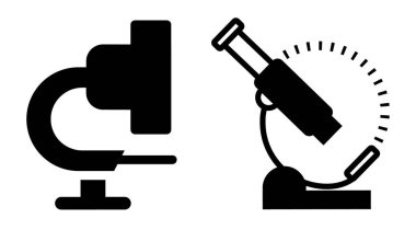 Şeffaf bir arkaplan, düz çizgi tasarımı, vektör illüstrasyonu üzerinde tıbbi mikroskop simgeleri kümesi