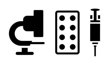 Tıbbi araç simgeleri: mikroskop, ilaç hapları ve şırınga gibi şeffaf bir arka plan, düz çizgi tasarımı, vektör illüstrasyonu