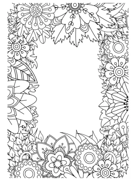 Çiçek çerçevesinin vektör çizimi, karalama. Zenart, doodle, çiçekler. Siyah ve beyaz. Yetişkin boyama kitapları