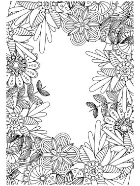 Zentangle çerçevesi ortada boş. Tek renkli çiçek desenli kenar