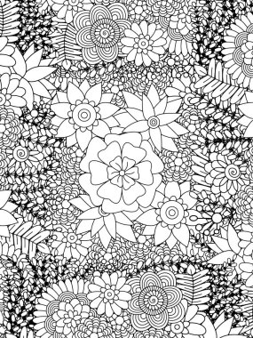 Çiçek desenli siyah beyaz karalama. Zentangle çizimi. Sihirli bahçede çiçek halısı