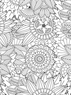 Çiçek desenli siyah beyaz karalama. Zentangle çizimi. Sihirli bahçede çiçek halısı