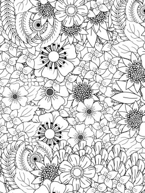 Renkler için siyah-beyaz çiçek deseni. Karalama çiçeği çizimi. Sanat terapisi boyama sayfası. Her yaş için rahatlatıcı. Yetişkinler ve çocuklar için.