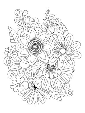Yetişkinler için çiçek boyama kitabı sayfası. Siyah ve beyaz vektör çizimi.