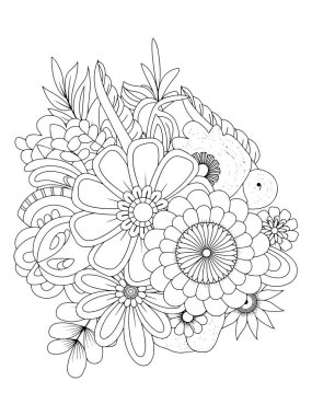 Yetişkinler için çiçek boyama kitabı sayfası. Siyah ve beyaz vektör çizimi.