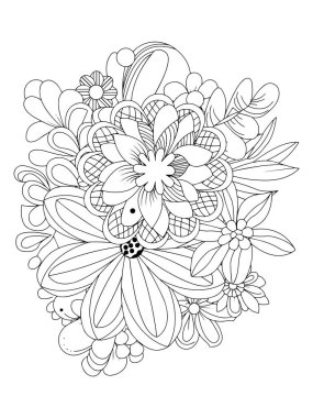 Yetişkin ve büyük çocuklar için boyama kitabı. Karalama çiçekleriyle boyama sayfası. Vektör illüstrasyonu.