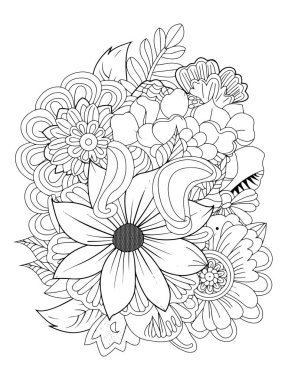 Yetişkinler için çiçek boyama kitabı. Siyah ve beyaz vektör çizimi.