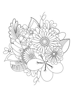 Yetişkinler için çiçek boyama kitabı. Siyah ve beyaz vektör çizimi.