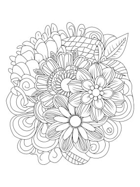 Çiçek karalama seti. Boyama kitabı için el çizimi vektör çizimi. Yetişkinler için çiçek boyama kitabı. Siyah ve beyaz vektör çizimi.