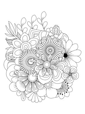 Yetişkinler için çiçek boyama kitabı sayfası. Siyah ve beyaz vektör çizimi.