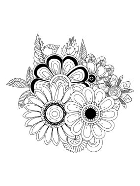Yetişkinler için çiçek boyama kitabı. Siyah ve beyaz vektör çizimi.