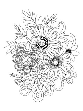 Floral doodle coloring page. Black and white vector illustration.