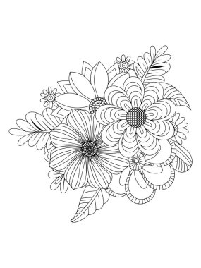 Yetişkinler için çiçek boyama sayfası. Siyah ve beyaz vektör çizimi.