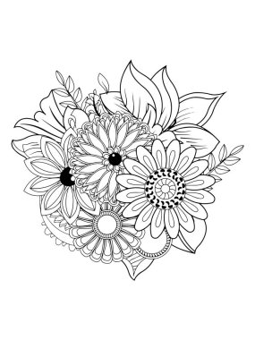 Hand-drawn flowers. Black and white vector illustration for coloring book.