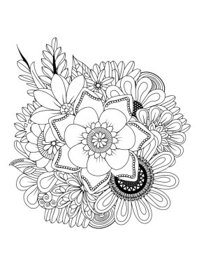 Floral coloring page for adults. Black and white vector illustration.