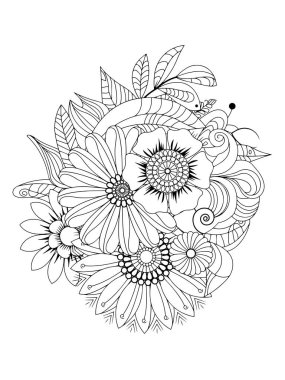 Yetişkinler için çiçek boyama sayfası. Siyah ve beyaz vektör çizimi.