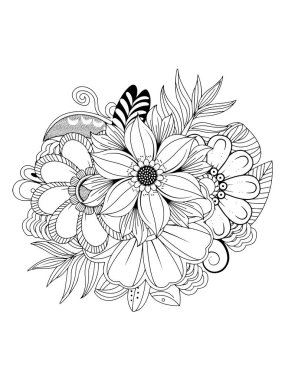 Floral coloring book page for adults and children. Black and white vector illustration.