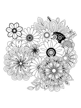 Black and white pattern for coloring book page with flowers and leaves. clipart