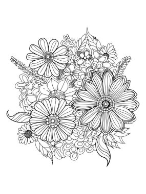 Black and white floral pattern for adult coloring book page. Vector illustration clipart