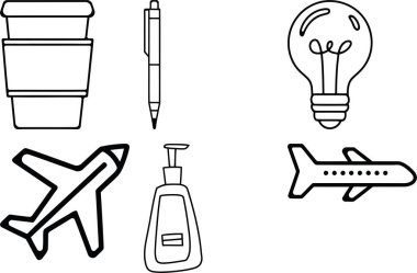 Seyahat ve Günlük Kullanım Hattı Sanat Simgeleri Kahve Kupası Kalem Ampulü Uçak Losyonu Şişe ve Jet Uçak