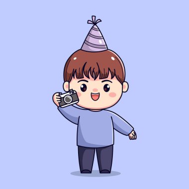 Yeni yılı ya da Chibi Kawaii doğum gününü kutlayan sevimli çizgi film çocuğu.