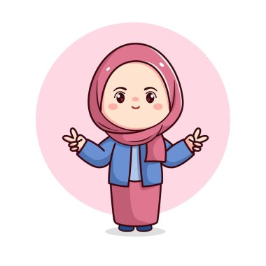 Mavi ve pembe elbiseli tatlı tesettürlü kız Kawaii chibi