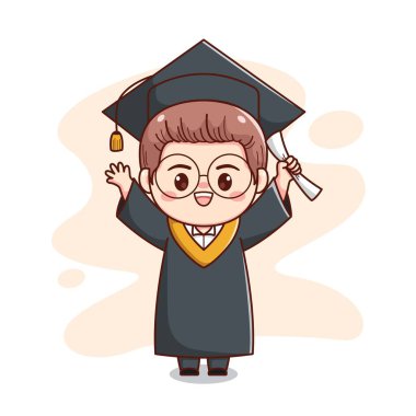 Şapkalı ve cüppeli mutlu mezuniyet çocuğu. Şirin kawaii chibi çizgi filmi.
