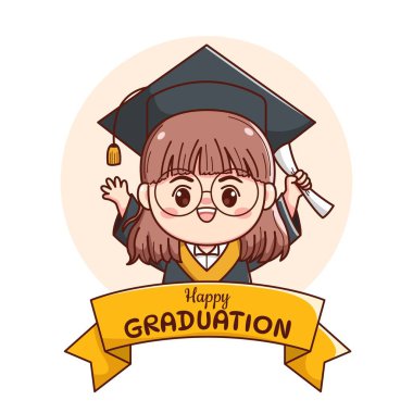 Pankart ya da kurdele mutlu mezuniyet kızı kep ve cüppeli şirin kawaii chibi çizgi filmi