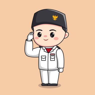 Endonezya 'nın bağımsızlık günü bayrak kaldıran erkek karakter, Chibi Kawaii' yi selamlıyor.