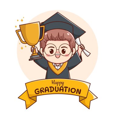 Pankart ya da kurdele mutlu mezuniyet çocuğu elinde kupa ve kağıt, sevimli kawaii chibi çizgi filmi tutuyor.