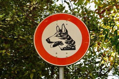Tuscany İtalya 'dan köpek yasağı işareti ya da köpek işareti yok. Yuvarlak kırmızı beyaz içki yasağı sembolü. Toskana, İtalya, 2024.