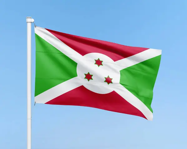 stock image Burundi flag on stick on sky background. Realistic flag illustration