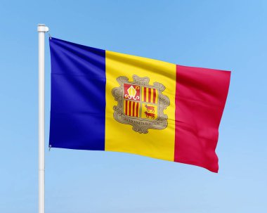 Gökyüzü arka planında Andorra bayrağı çizimi. Gerçekçi bayrak çizimi