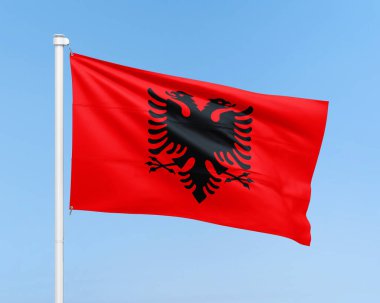 Arnavutluk bayraklı illüstrasyon gökyüzü arka planında. Gerçekçi bayrak çizimi