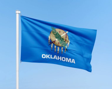 Oklahoma bayrağı gökyüzü arka planında. Gerçekçi bayrak çizimi