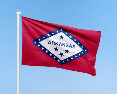 Arkansas bayrağı gökyüzünde asılı duruyor. Gerçekçi bayrak çizimi