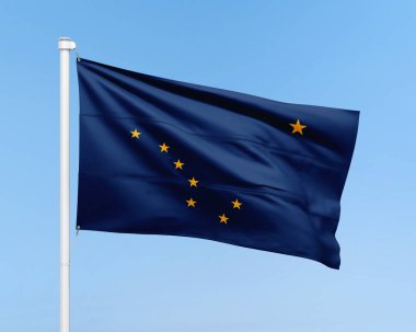 Alaska bayrağı gökyüzü arka planında. Gerçekçi bayrak çizimi