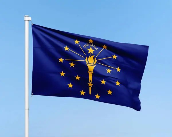 stock image Indiana flag on stick on sky background. Realistic flag illustration