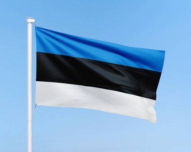 Estonya bayrağı gökyüzü arka planında. Gerçekçi bayrak çizimi