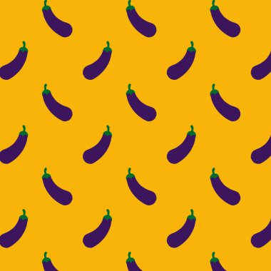 Sarı arka planda patlıcan izi var. Patlıcan tasarımı. Sebze deseni. Vejetaryen deseni. Vejetaryen yemeği.