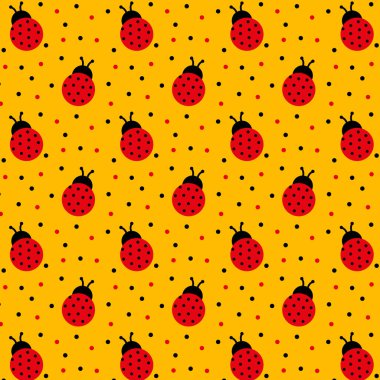 Sarı arka planda uğur böcekleri deseni var. Uğur kuşu deseni. Kadın inek tasarımı. Böcek tasarımı