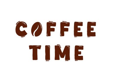Kahverengi Kahve Fasulyesi Harfleriyle Kahve Zamanı Tipografisi. Resim beyaza izole edildi