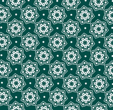 Süslü mandala deseni, koyu yeşil arka planda beyaz çiçekli kalp motifleri, tekstil ve duvar kağıdı için geleneksel dekoratif geometrik soyut tasarımı.