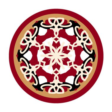 Kırmızı Altın Madalyalı Süslü Mandala Amblemi ve Çembersel Çerçeveli Siyah Karmaşık Çiçek Tasarımı. İllüzyon. Beyazda izole edilmiş